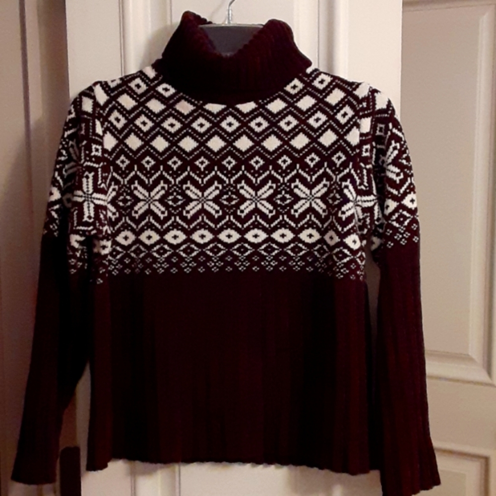 Women's Brown Turtleneck Sweater with Partial Pattern.
